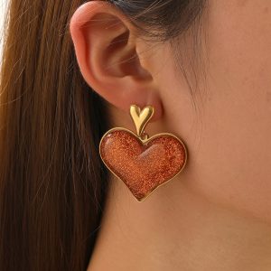 Brown heart-shaped stainless steel earrings